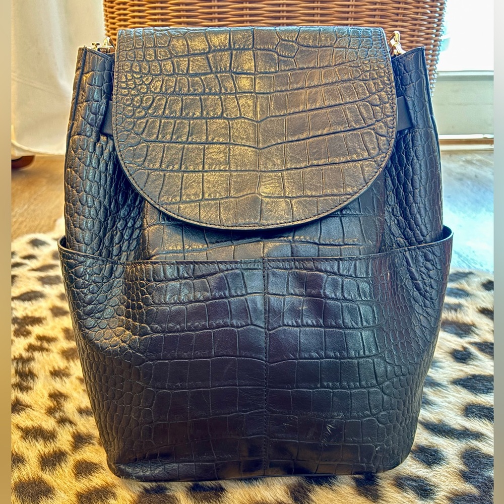 Cuyana Black Croc-Embossed Leather Backpack